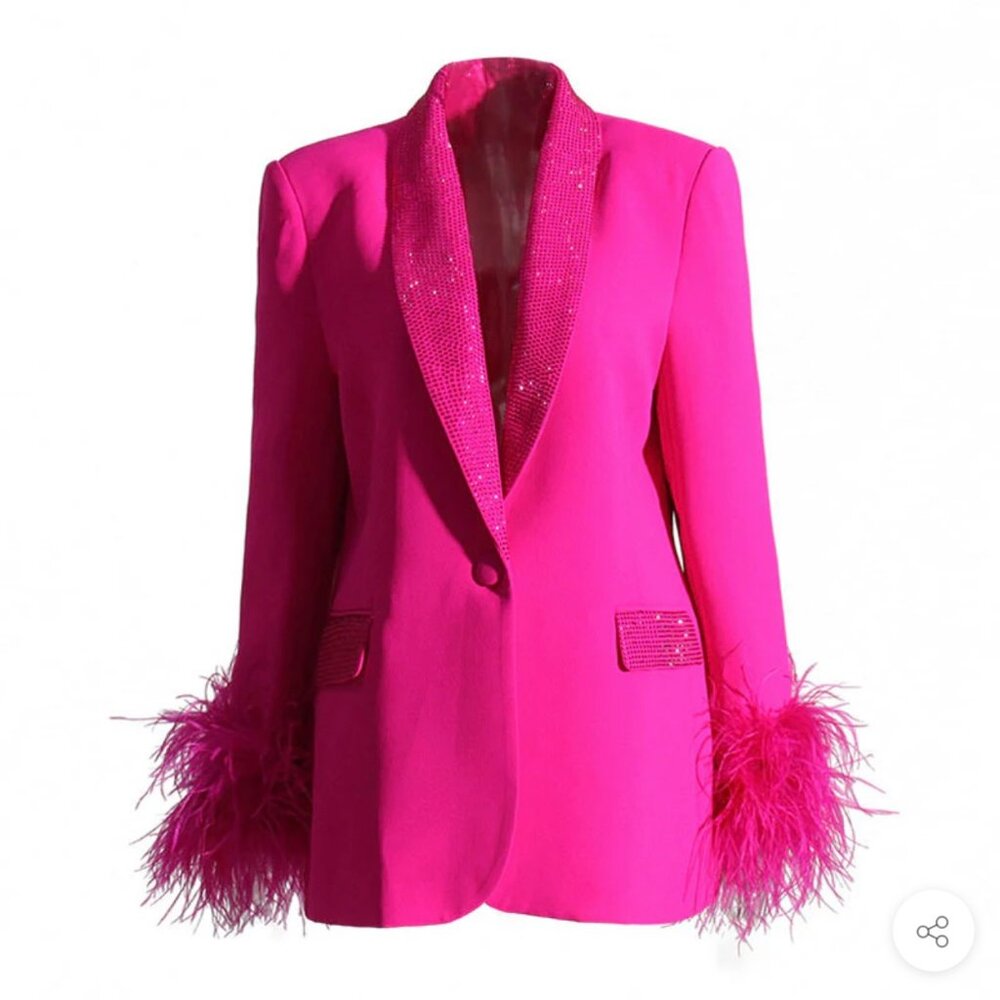 Sparkly Crystal Shawl Collar Faux Feather Trim Long Sleeve Tailored Blazer